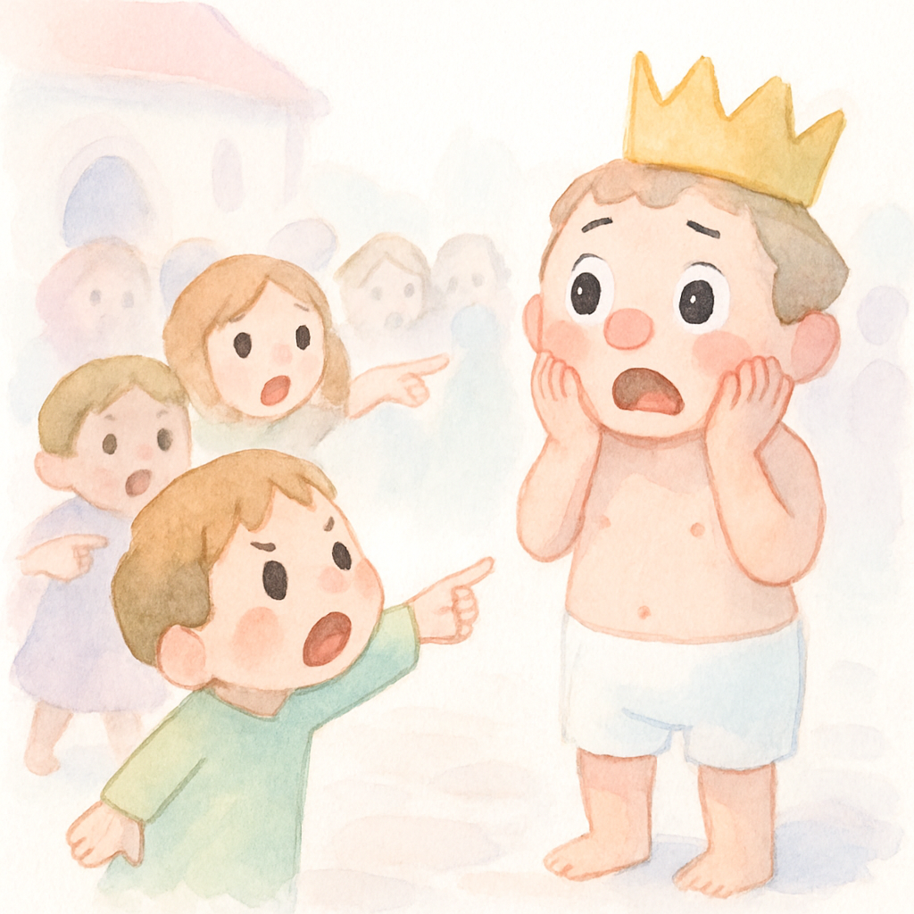 한 아이가 손가락으로 임금님을 가리키며 임금님이 속옷만 입었다고 외치는 장면